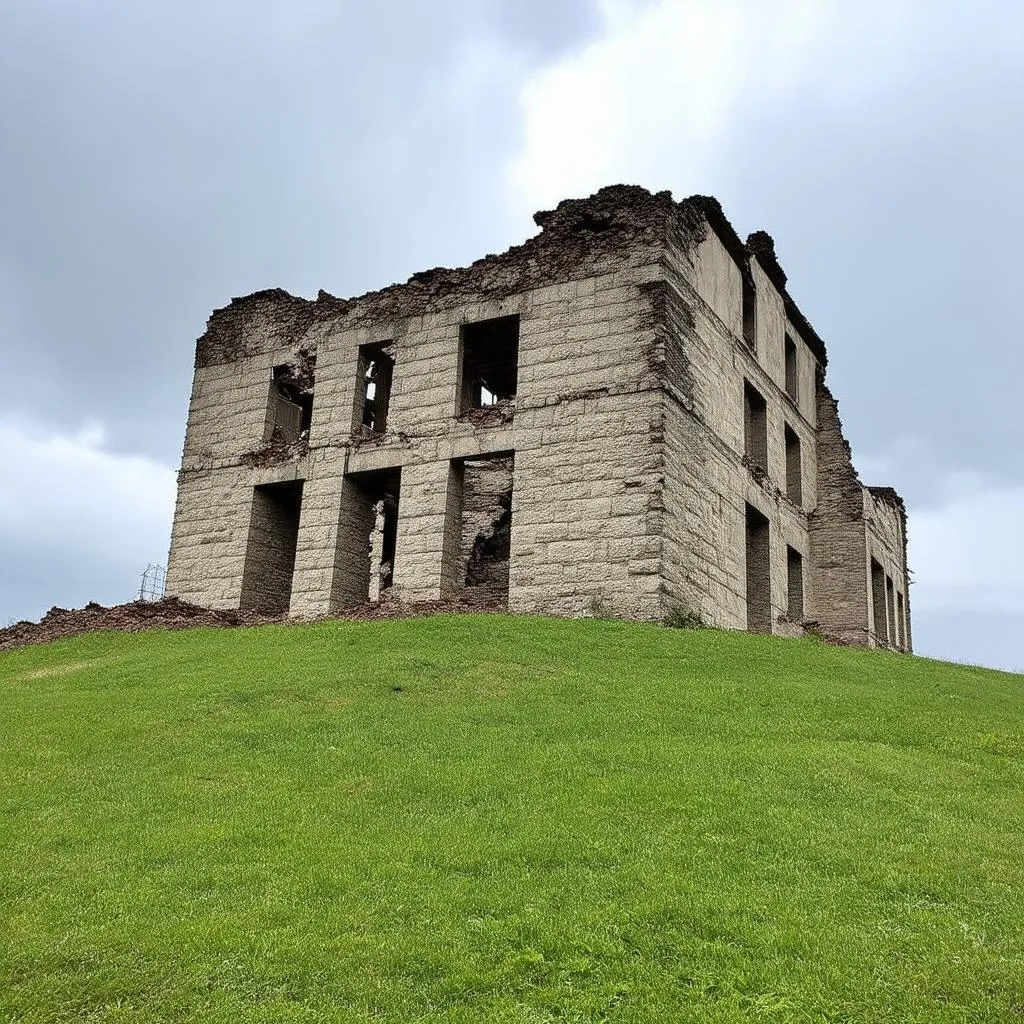 ruins of a World War II battlefield in Italy with cloudy skies